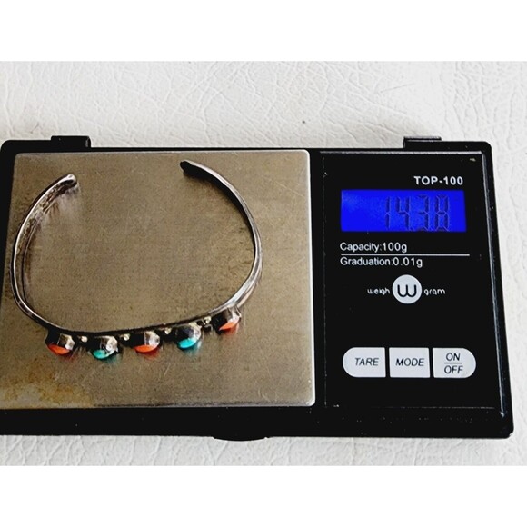 Vintage Navajo Native American Sterling Silver Turquoise & Coral Cuff Bracelet